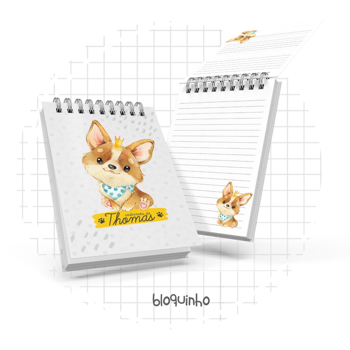 Kit Digital Bloquinho A6 Cachorrinho Cute em Aquarela 1 Dois bloquinhos de anotações com capa ilustrada de cachorrinho fofo.