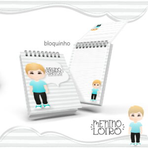 Dois blocos de notas espiralados com capa decorada com ilustração de menino loiro.