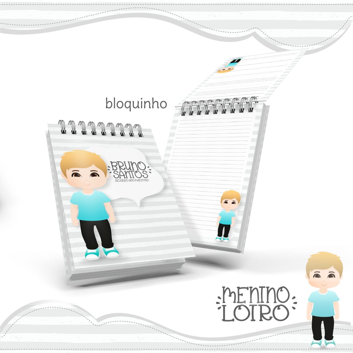 Kit digital bloquinho anotações infantil para personalizar 1 Dois blocos de notas espiralados com capa decorada com ilustração de menino loiro.