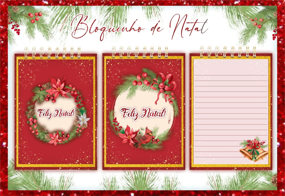 Kit Digital Bloquinho de Natal para Imprimir e Personalizar 1 Apresentação de três cadernos com temas natalinos em fundo vermelho e decorações festivas.