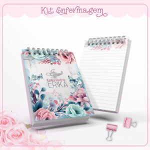 Arte digital de cadernos espirais com design floral e texto "Enfermagem".