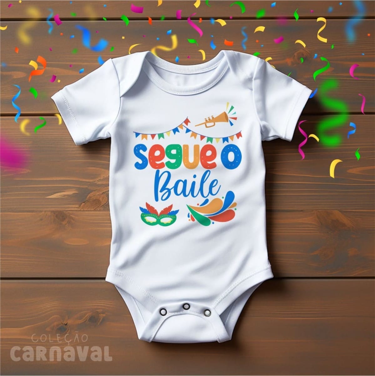 Kit Digital Body Carnaval para Bebê com Artes Prontas 3 Body de bebê branco com estampa colorida "segue o Baile" e tema de carnaval.