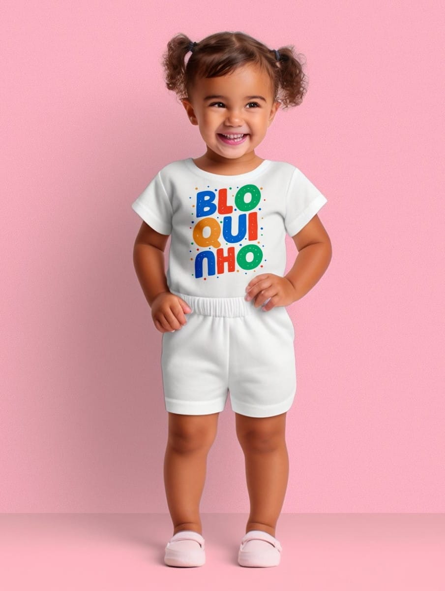 Kit Digital Body Carnaval para Bebê com Artes Prontas 4 A criança sorrindo, vestindo camiseta branca com "BLOQUINHO" colorido.