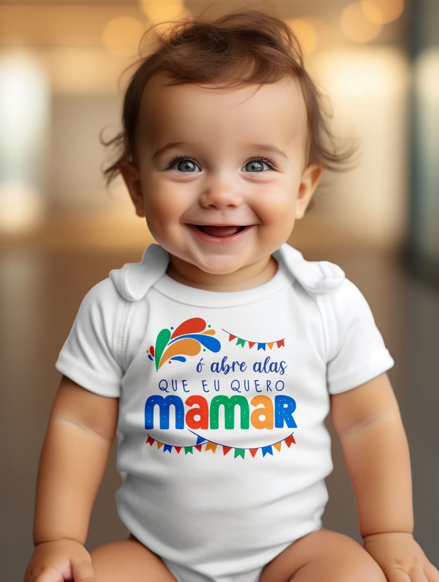 Kit Digital Body Carnaval para Bebê com Artes Prontas 5 Bebê sorridente usando body branco com arte digital de frase colorida.