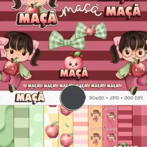 Kit Digital Boneca Cute e Maçã Aquarelada para Personalizados
