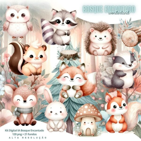 Kit Digital Bosque Encantado Baby Png Ilustracoes 3d Fofo 3