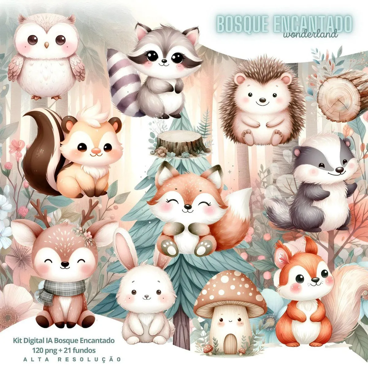 Kit Digital Bosque Encantado Baby Png Ilustracoes 3d Fofo 3