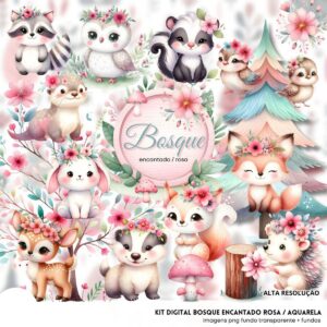 Kit Digital Bosque Encantado Rosa Baby Bichinhos Fofos 3d 4