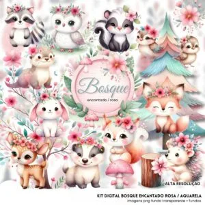 Kit Digital Bosque Encantado Rosa Baby Bichinhos Fofos 3d 4