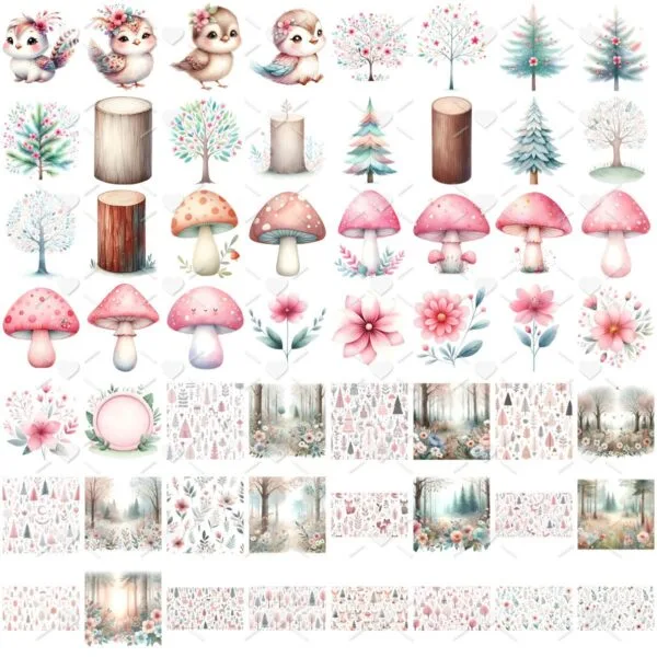 Kit Digital Bosque Encantado Rosa Baby Bichinhos Fofos 3d