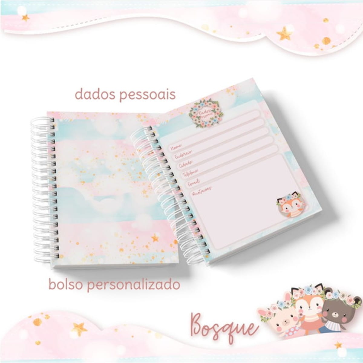 Kit Digital Bosque Menina para Encadernação e Sublimação 2 Cadernos em espiral com capas de nuvens pastel, glitter e ilustrações de animais.