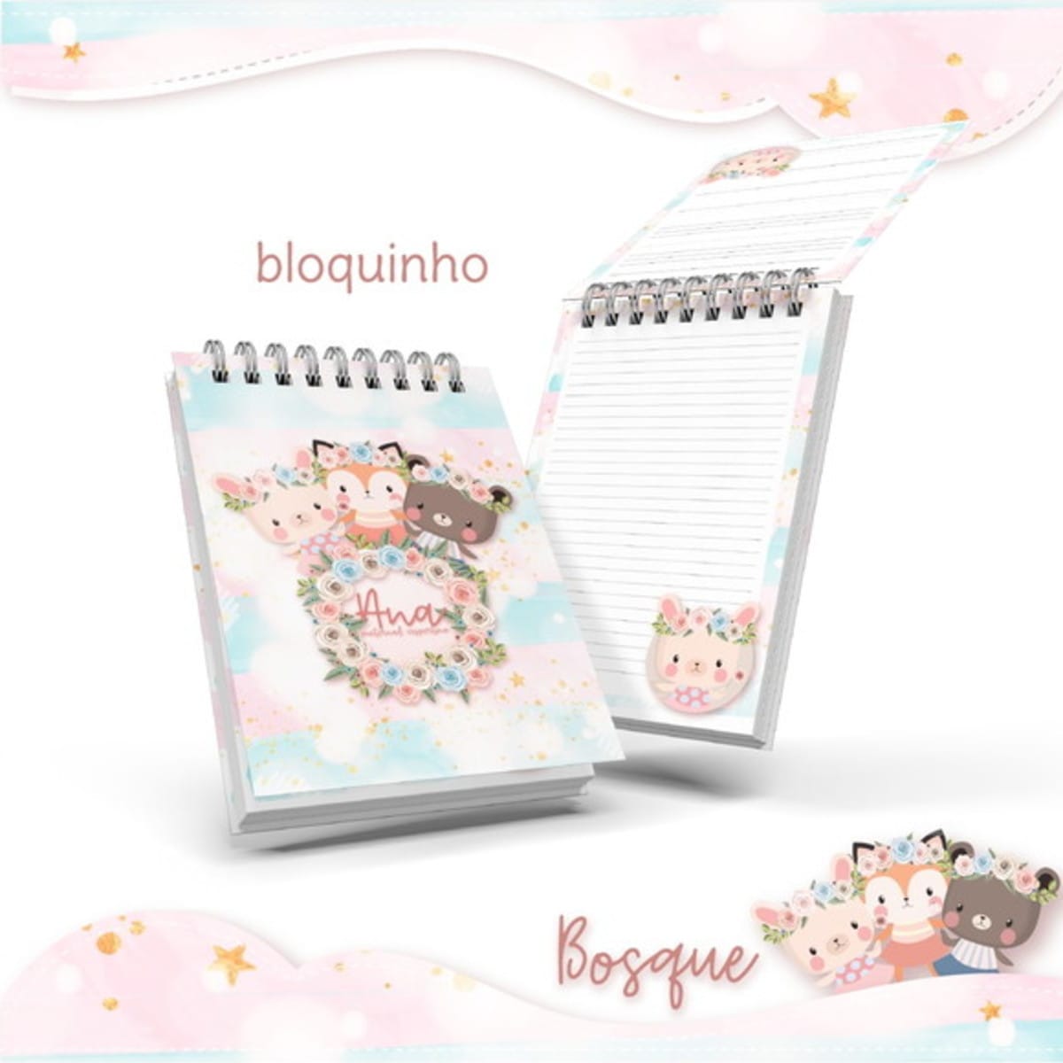 Kit Digital Bosque Menina para Encadernação e Sublimação 3 Dois bloquinhos infantis com espiral, capa de animais fofos e fundo em tons pastéis.