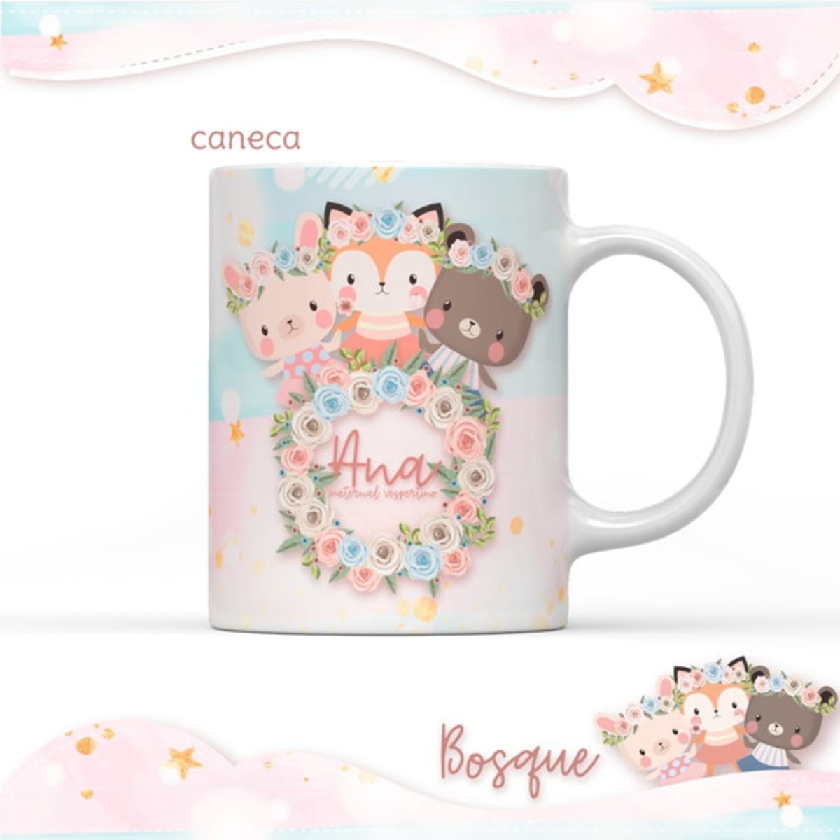 Kit Digital Bosque Menina para Encadernação e Sublimação 4 Caneca branca com ilustração de coelho, raposa, urso e guirlanda de flores.