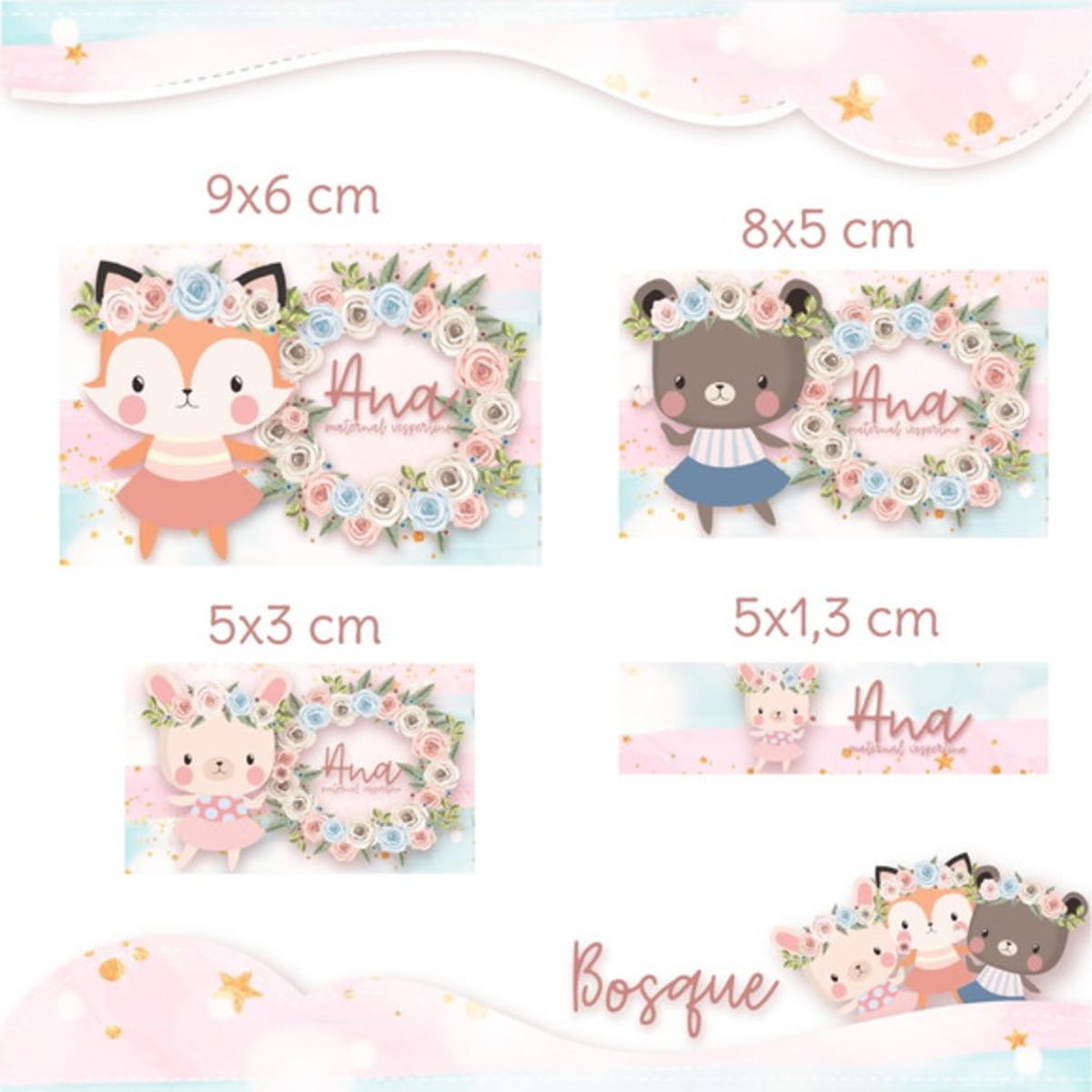 Kit Digital Bosque Menina para Encadernação e Sublimação 5 Ilustrações digitais de animais fofos (raposa, urso, coelho) e coroas de flores.