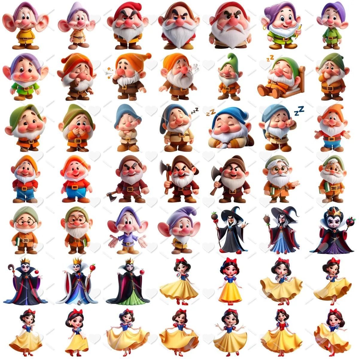 Coleção de ilustrações digitais com personagens de contos de fadas e anões coloridos.