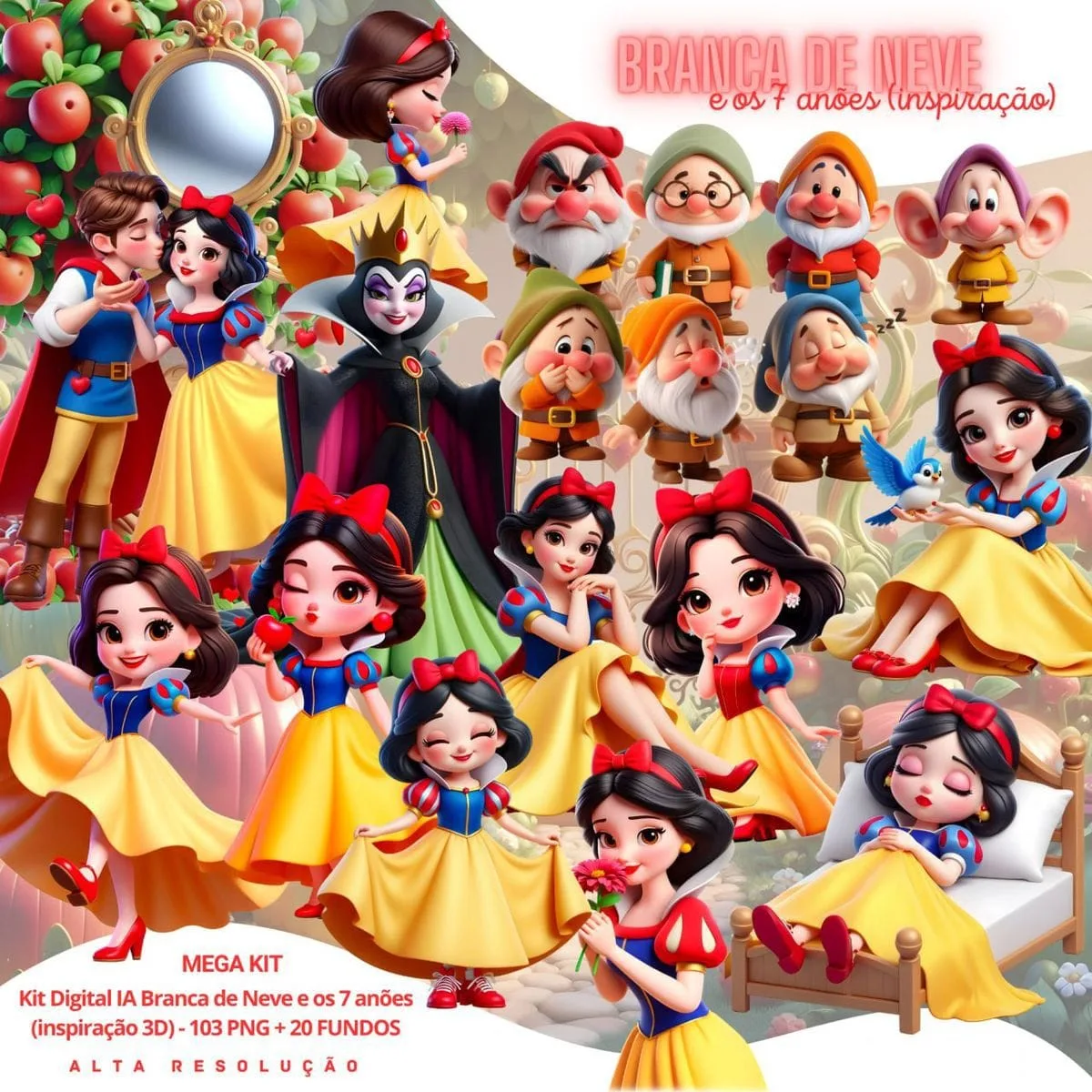 Personagens de contos de fadas estilo 3D incluindo princesa e anões em fundo decorado.