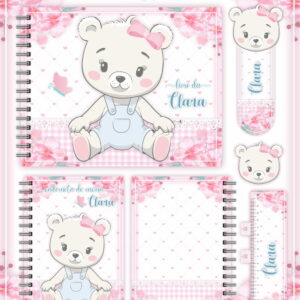 Kit digital com cadernos e acessórios decorados com ursinha, flores cor-de-rosa e corações