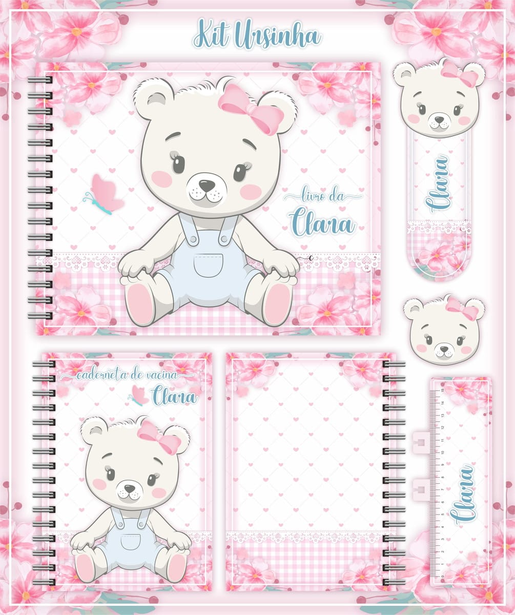 Kit Digital Caderneta Ursinha para Livro do Bebê 1 Kit digital com cadernos e acessórios decorados com ursinha, flores cor-de-rosa e corações