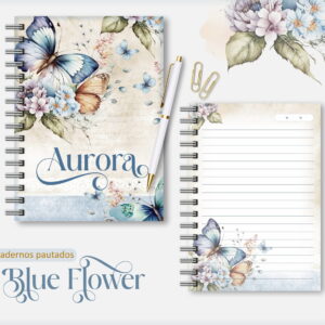 Design digital de cadernos pautados com borboletas, flores e texto decorativo na capa.