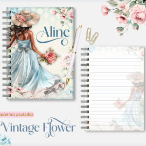 Arte digital de capa de caderno pautado com ilustração de mulher e flores.
