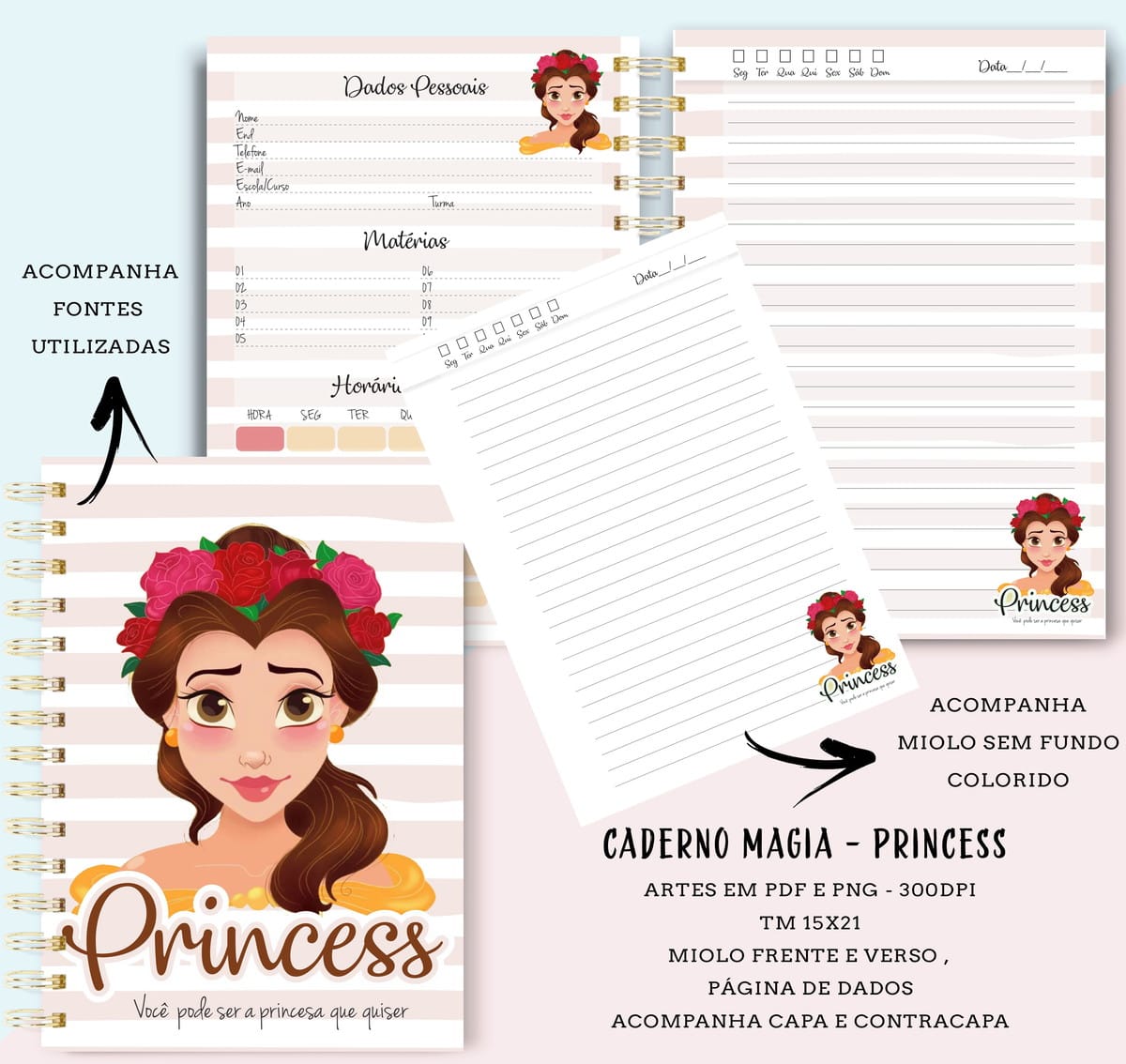 Kit Digital Caderno Princesas com 6 Temas para Imprimir 2 Várias páginas de um caderno digital com capa decorada e ilustrações da menina.