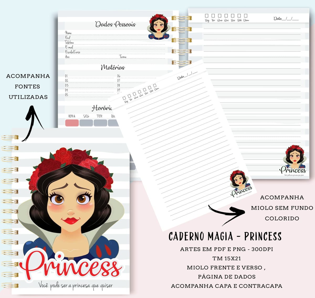 Kit Digital Caderno Princesas com 6 Temas para Imprimir 3 Design de caderno digital com capa de personagem e páginas internas organizacionais.