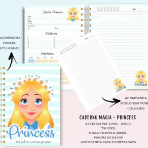 Design digital de caderno com capa de princesa e páginas internas. Mostra capa, dados e miolo.