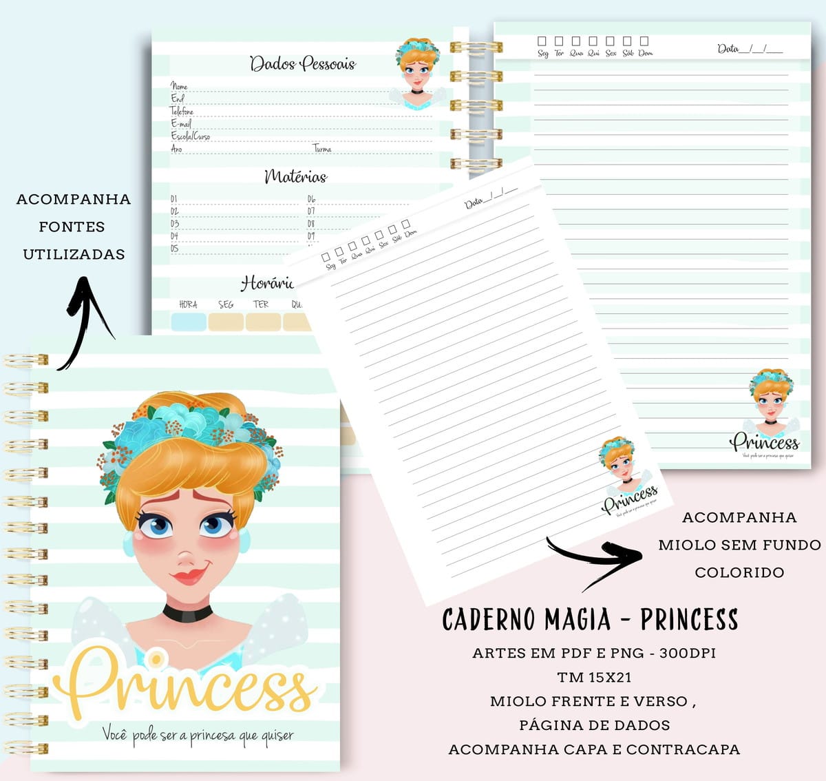 Kit Digital Caderno Princesas com 6 Temas para Imprimir 4 Arte digital de um caderno temático de princesa, mostrando capa e páginas internas com linhas.