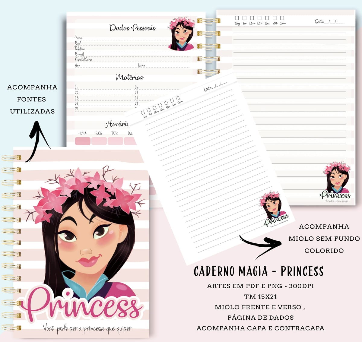 Kit Digital Caderno Princesas com 6 Temas para Imprimir 5 Caderno digital com capa de personagem feminina, texto "Princess" e páginas internas variadas.