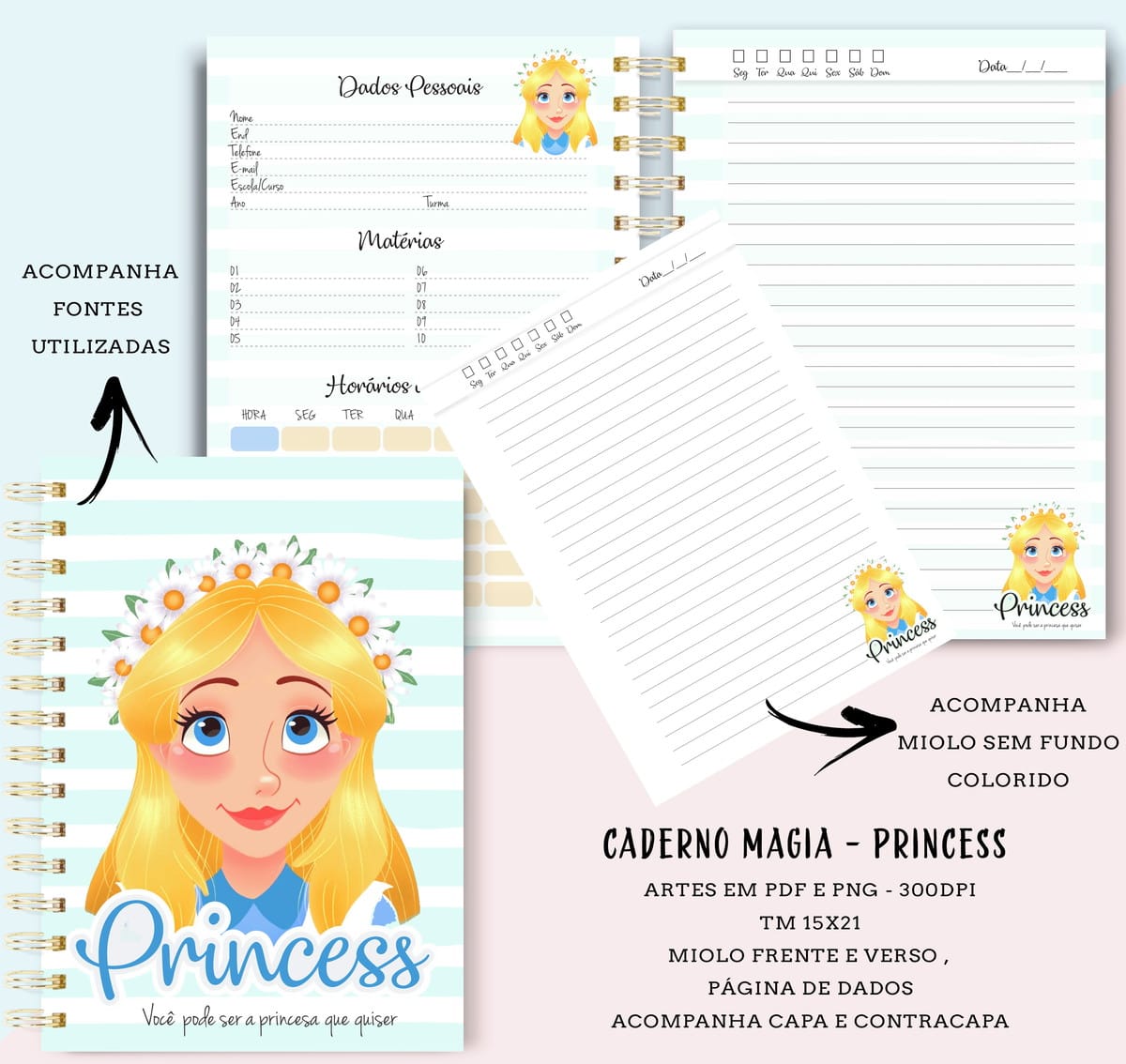 Kit Digital Caderno Princesas com 6 Temas para Imprimir 1 Design digital de caderno com capa de princesa e páginas internas. Mostra capa, dados e miolo.