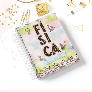 Capa de agenda digital com tema de física, design colorido e ilustrações científicas diversas.