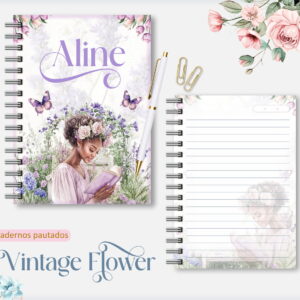 Arte digital de caderno pautado com design floral, mulher lendo, caneta e clipes.