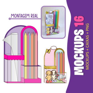 Templates digitais de porta-lápis com tema de cachorros e lápis coloridos, incluindo exemplo montado.