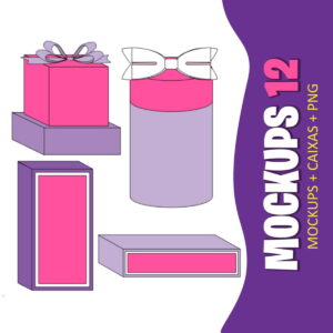 Quatro mockups digitais de caixas e embalagens em tons de rosa e roxo.