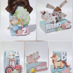 Ilustrações de recortes de papel temáticos de fazenda para festa infantil.