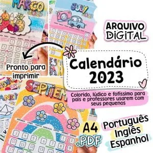 Kit Digital Calendário Infantil 2023 Pedagógico Lúdico 13 Folhas de calendário colorido com ilustrações infantis e datas dispostas.