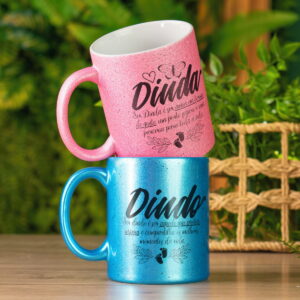 Arte digital com design rosa e azul, frases para Dinda e Dindo.