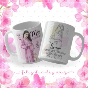 Duas canecas brancas estampadas com desenhos de mulher gestante em fundo floral rosa.