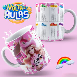 Duas canecas com estampas: uma com tabuada, outra com personagem feminina e logo escolar.