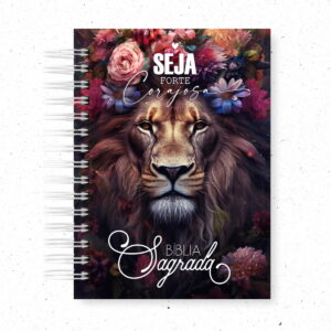 Kit Digital Capa de Bíblia Feminina Leão com Marca Páginas 8 Arte digital de capa com leão, coroa de flores e texto inspirador.