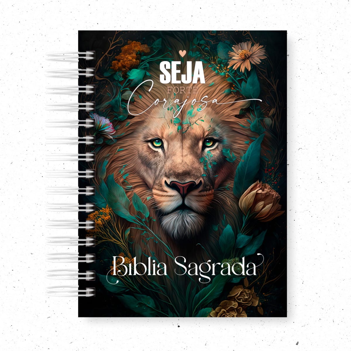 Kit Digital Capa de Bíblia Feminina Leão com Marca Páginas 2 Arte digital com rosto de leão, folhagens, flores e texto 'Bíblia Sagrada'.