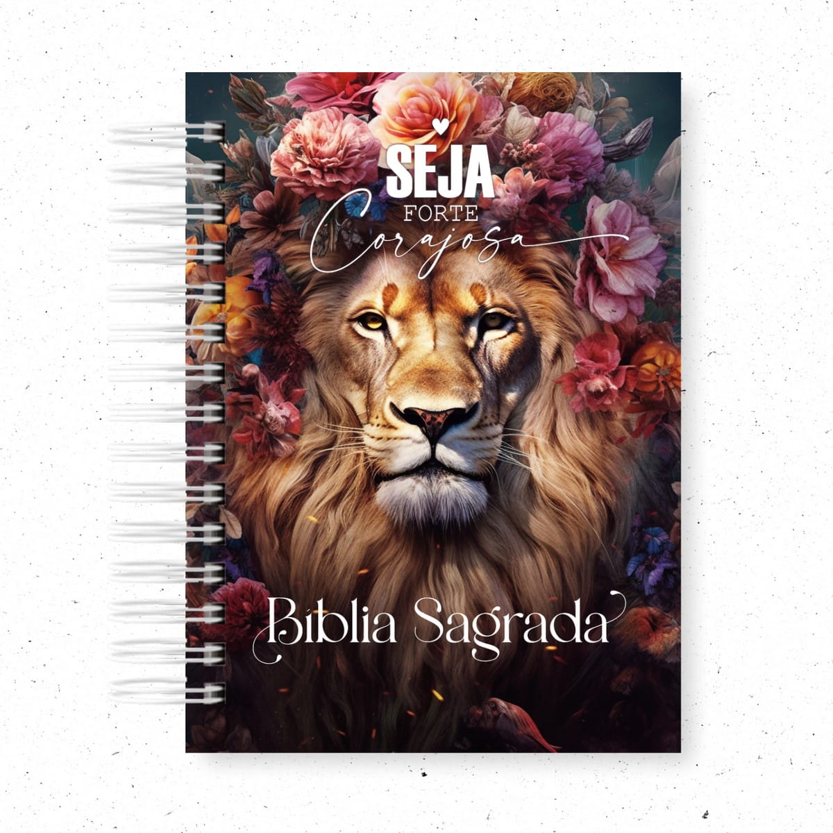 Kit Digital Capa de Bíblia Feminina Leão com Marca Páginas 3 Arte digital de capa com leão, flores coloridas e texto 'Bíblia Sagrada'.