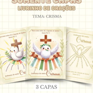 Três capas digitais para livrinho de orações de Crisma com pombas e símbolos religiosos.