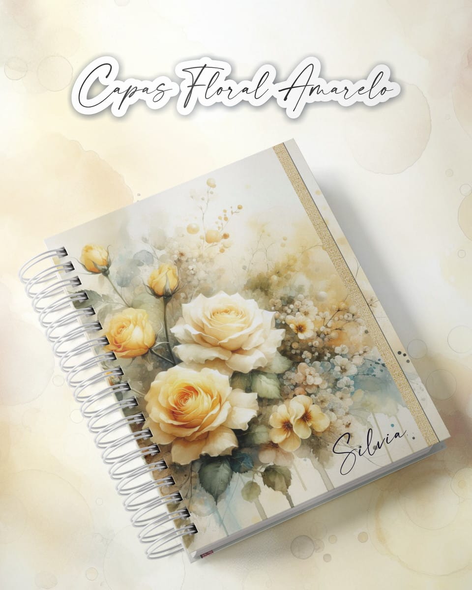 Kit Digital Capas Florais Aquarela A5 para Encadernação 2 Caderno espiral com capa decorada com ilustrações de rosas em tons de amarelo.