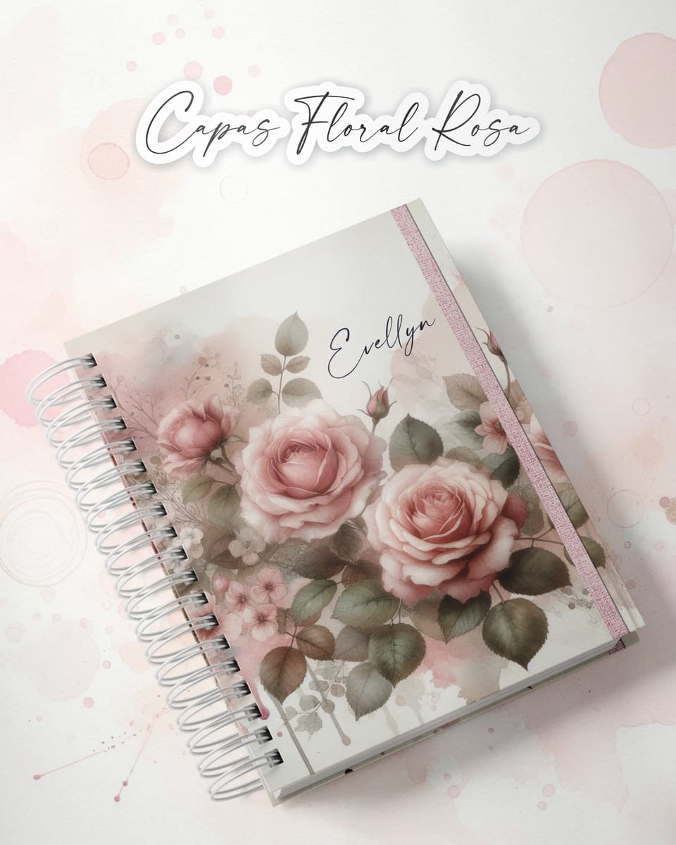 Kit Digital Capas Florais Aquarela A5 para Encadernação 3 Caderno espiral com capa decorada por ilustrações em tons de rosa e flores.