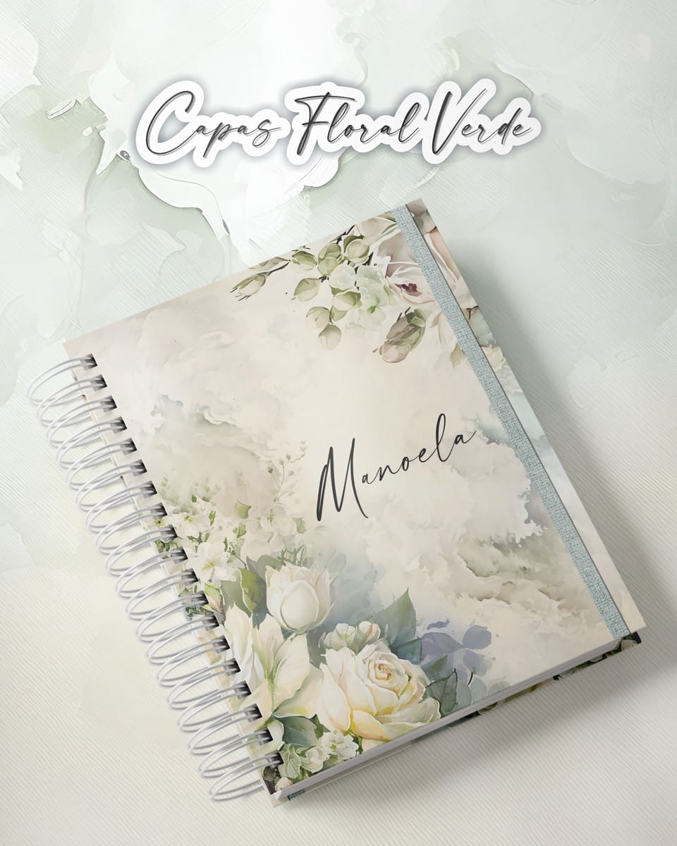 Kit Digital Capas Florais Aquarela A5 para Encadernação 4 Caderno espiral com capa decorada com ilustrações de rosas brancas e folhas verdes.