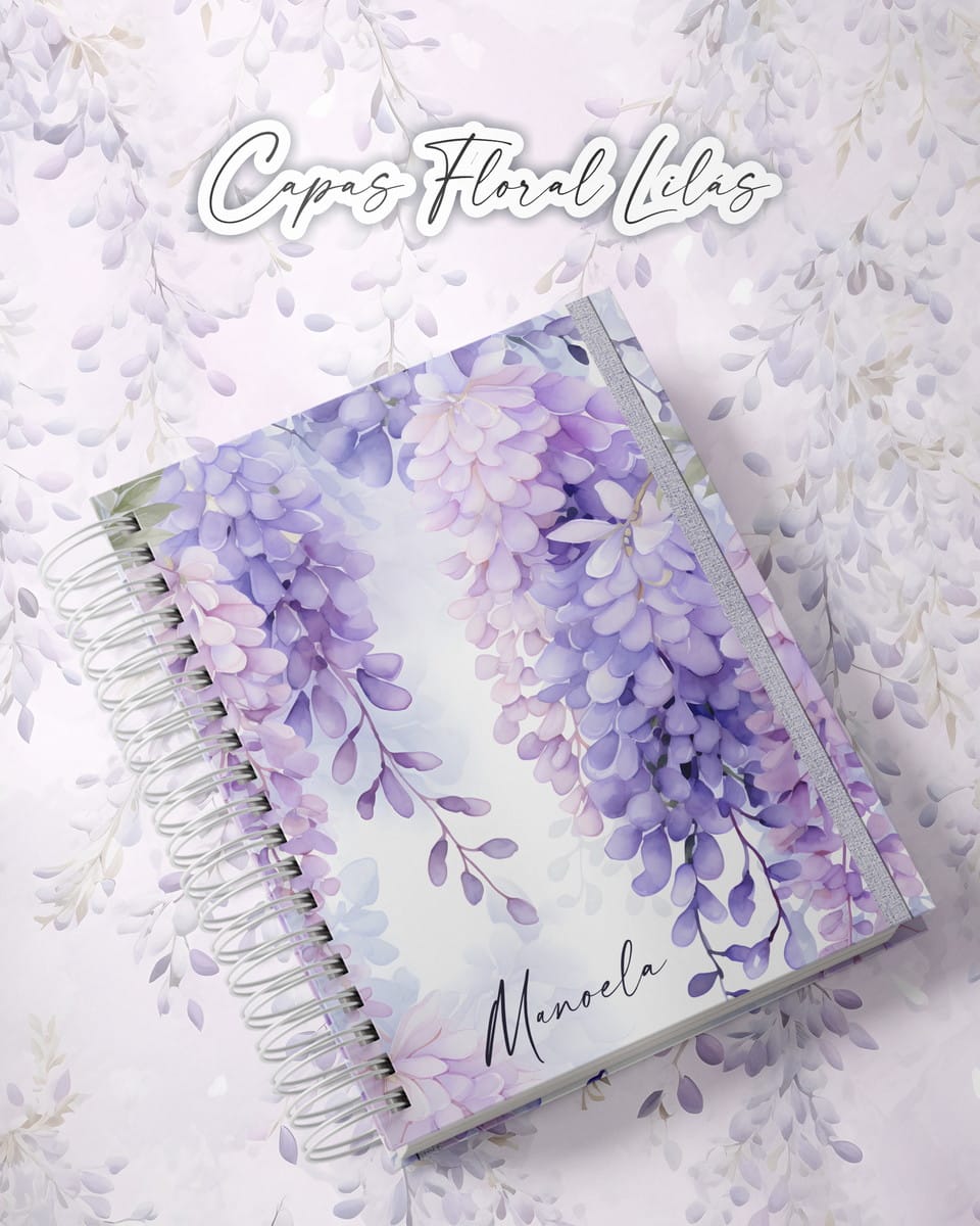 Kit Digital Capas Florais Aquarela A5 para Encadernação 5 Caderno de capa espiral decorado com flores lilás sobre fundo floral delicado.
