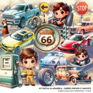 Kit Digital Carros Vintage Mascotinhos Pilotos Baby Png 3d 3