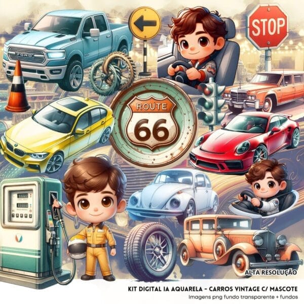 Kit Digital Carros Vintage Mascotinhos Pilotos Baby Png 3d 3