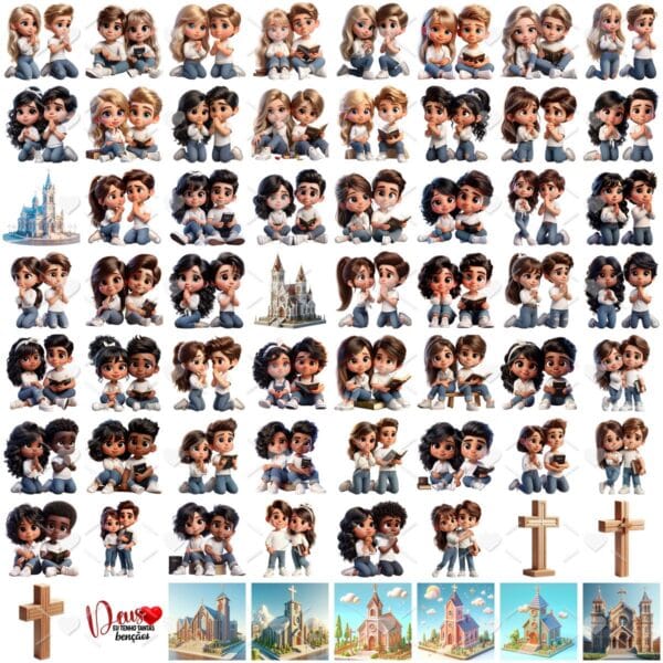 Kit Digital Casal Cristao 3d Cute Fofo Ilustracoes Namorados
